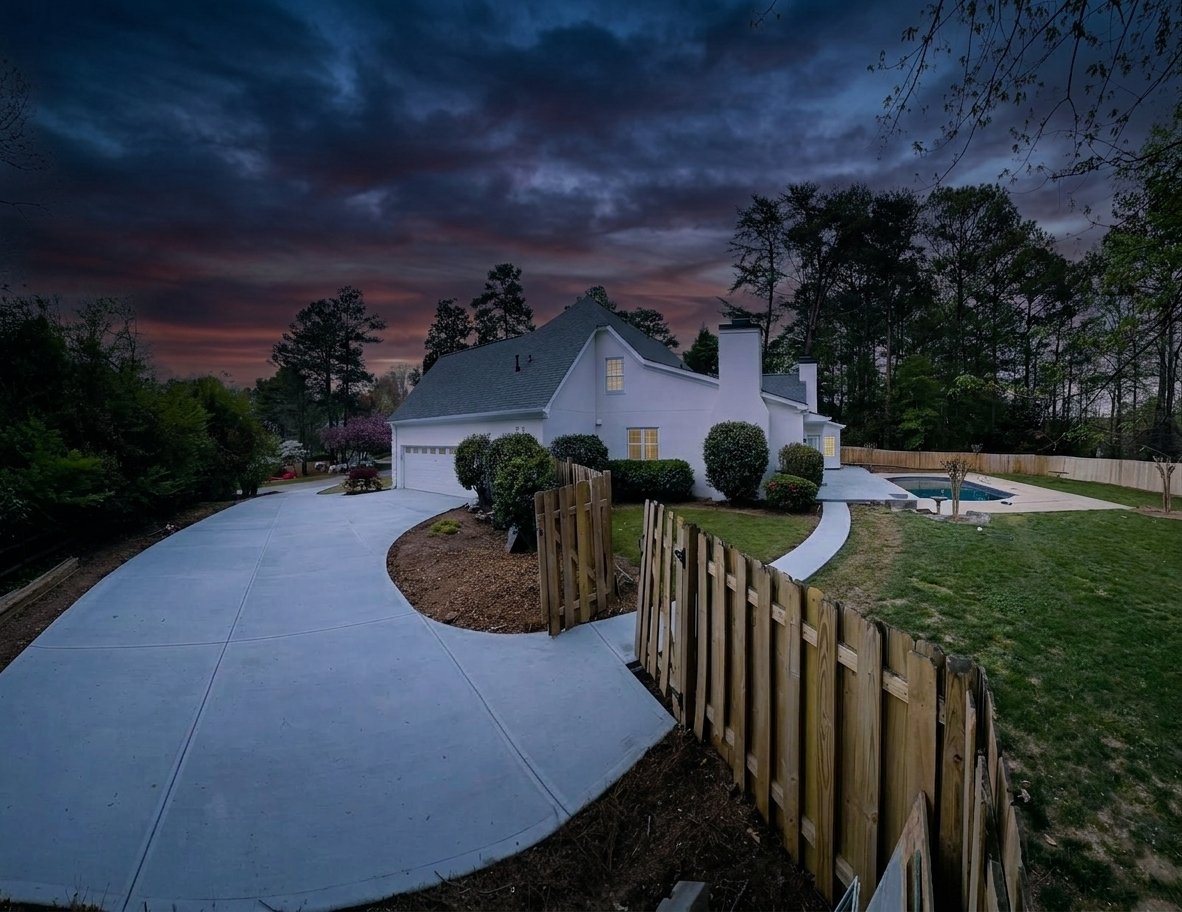 Stamped concrete driveway in front of a family home